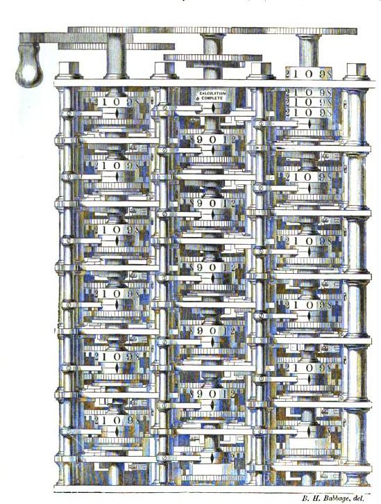 Portion of Babbage's Difference Engine, drawing by B. H. Babbage