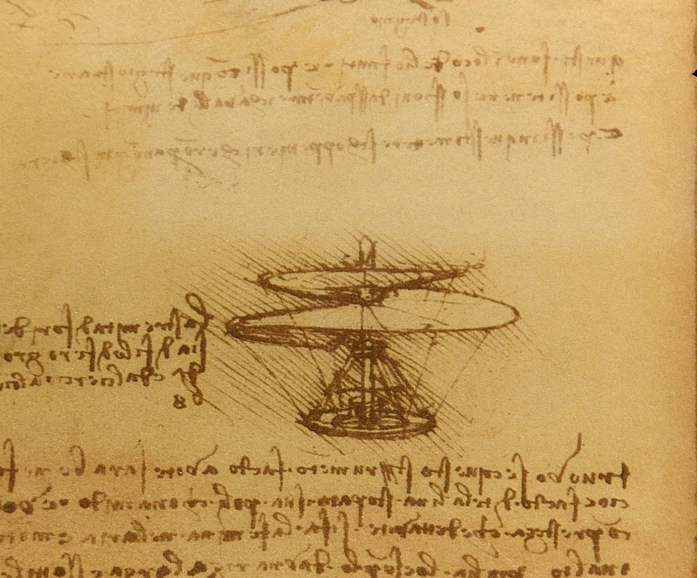 Leonardo da Vinci, aerial screw. Paris Manuscript B, folio 83v, Institut de France